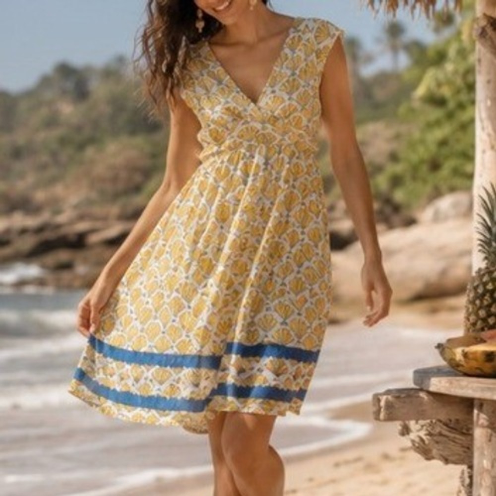 Mata Traders Seashell Block Print Cotton White Mini Dress Small Beach Mod Boho